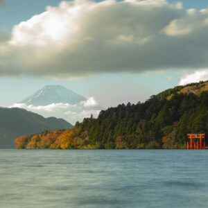 Lake Ashi with Hakone shrine and Mount Fuji in the background
